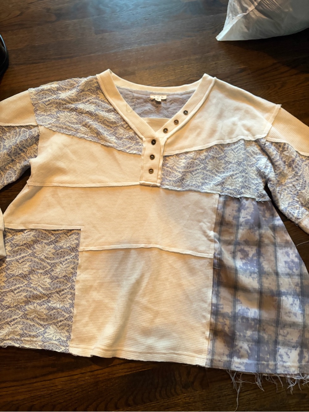 Neutral Cream & Light Blue Patchwork Henley Top - woman’s
